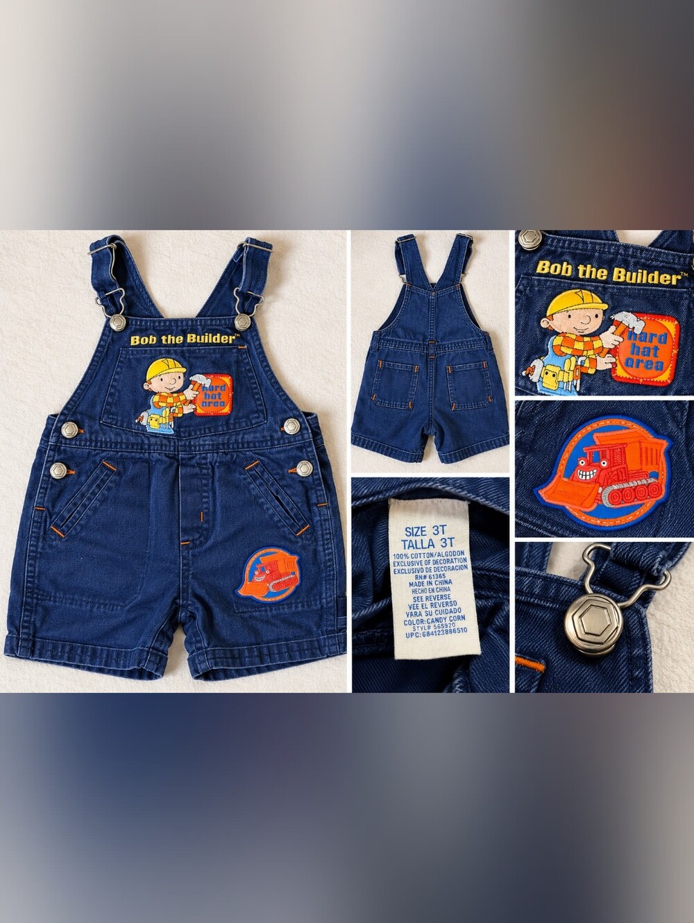 Vintage Bob the Builder Denim Shortalls Overalls Kids Size 3T